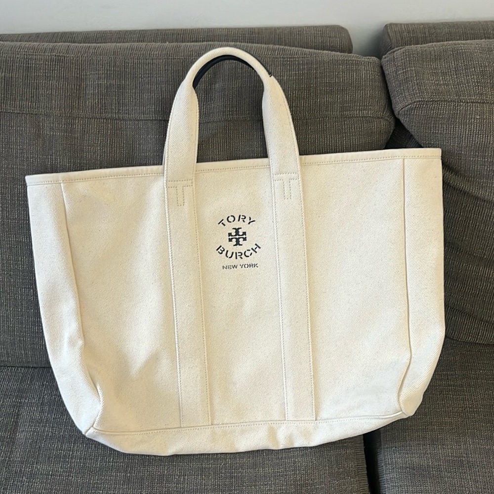 NWT Tory Burch Canvas Bag with Blue Leather Details